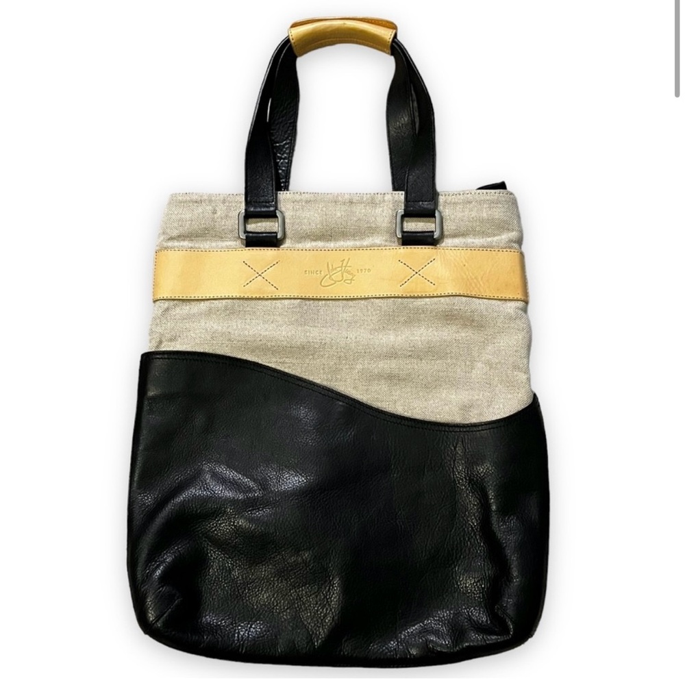 John Fluevog Robbie  Leather and Canvas Color block Tote Bag Purse Minimalist